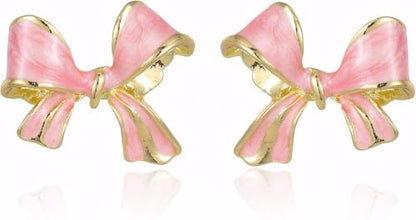 Gold Bow Earrings for Women, Long Tassel Chain Drop Earrings, Trendy Small Bow Earrings, Ribbon Waterfall Dangling Earrings, Pearl Bow Earrings, Sparkly Elegant Bowknot Preppy Jewelry Gifts for Women - color: Pink3-R