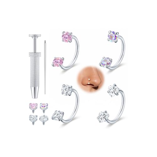 Turandoss 4 Pairs Horseshoe Nose Rings for Women | 20G 18G Double Gem Horseshoe Nose Ring for Women, Surgical Steel Septum Cartilage Helix Tragus Labret Lip Piercing - color: 4pcs-20g-silver