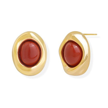 Jean Beau Chunky Gold Stone Stud Earrings for Women, Trendy Natural Gemstone Hypoallergenic Earing Valentine Jewelry Gift - color: Ruby Red