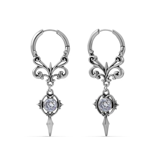 PUNKYOUTH Gothic Crest Dangle Drop Hoop Earrings Dark Alternative Piercing Jewelry 18G 1mm Antique Finish Ornate Scroll Cubic Zirconia Spike Statement Everyday Wear Accessories For Women Men - color: Crest earring-Silver