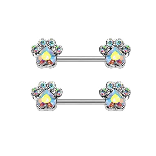 14G Colorful CZ Paw Nipple Rings for Women 316L Stainless Steel Cubic Zirconia Paw Print Nipple Piercing Barbell Nipple Shield Studs Cute Body Piercing Jewelry