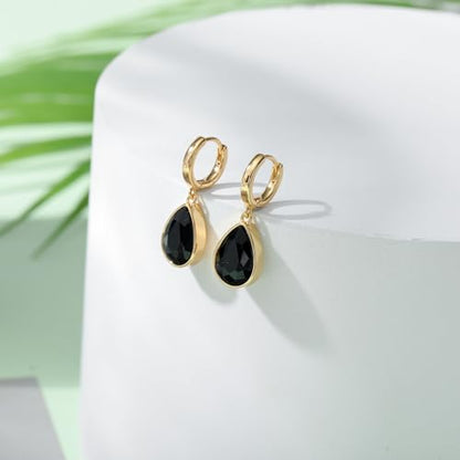 Crystals Teardrop Dangle Drop Earrings, 18K Gold Plated Hoop Earrings Zirconia Jewelry for Women Gifts - color: Black Earrings