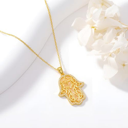Hamsa Necklace 925 Sterling Silver Evil Eye/Lotus Flower/Star of David/Chai/Yin Yang Hamsa Hand Pendant Jewelry Hand of Fatima Gifts for Women - style: Chai-Gold