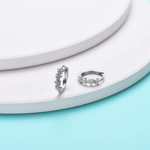 Sterling Silver Hoop Earrings for Women, Dainty Small Huggie Hoop Earrings | Hypoallergenic Daisy Color Cubic Zirconia Flower Hoops Earring Jewellery Gifts for Ladies Birthday Wedding, 12mm Hoop - color: Silver