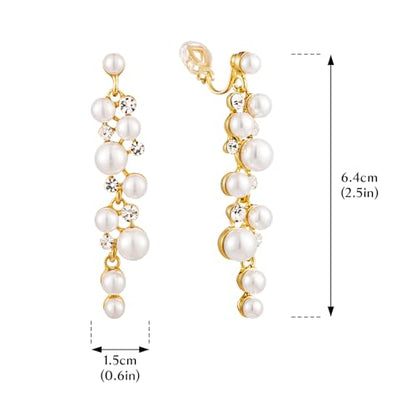 Clip On Earrings Simulated Pearl Wedding Bridal Dangling Dangle Clip Earrings for Women Non-pierced - color: Gold