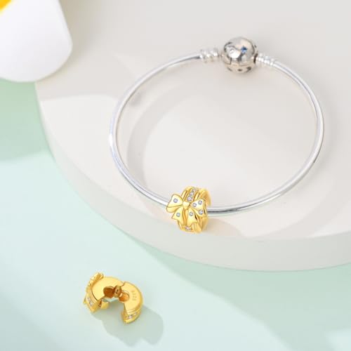 925 Sterling Silver Stopper Clip Charms for Bracelet Necklace Spacer Beads with 5A Cubic Zirconia Mother's Day Christmas DIY Gift for Women(2PCS) - style: Golden Bow