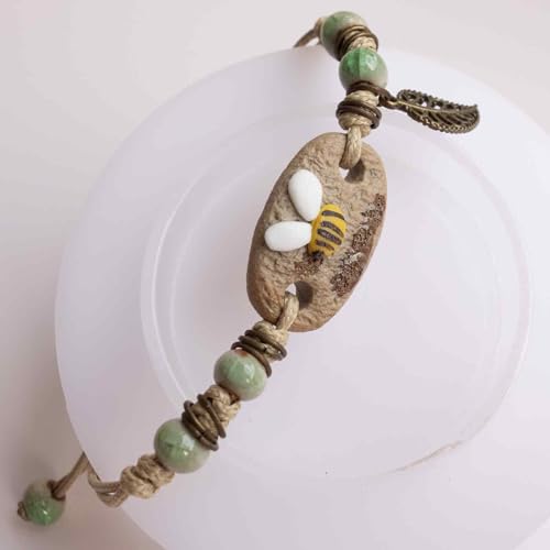Handcrafted Bohemian Ceramic Flower Bracelet with Leaf Charm, Adjustable Beaded Bracelet for Women, Unique Handmade Jewelry Gift for Nature Lovers - style: Farmhouse