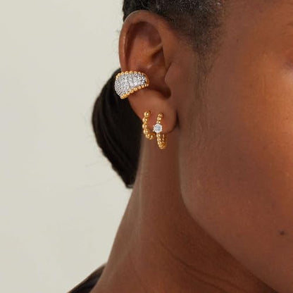 Dremmy Studios Dainty CZ Huggie Hoop Earrings 14K Gold Plated Chunky Simple Cute Thick Round Frill Bead Ball Starburst Cuff Earrings Cubic Zirconia Hoop Earrings Minimalist Personalized Gift for Her - color: Bead C