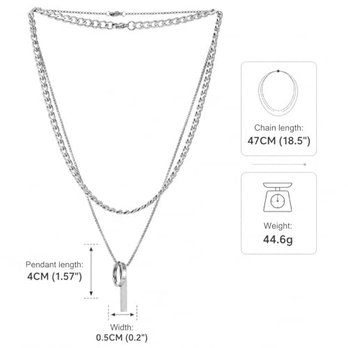 COOLSTEELANDBEYOND Men's Stainless Steel Layered Necklace Set, 3-Piece Stacked Chains, Geometric Hoop and Bar Pendant, Modern Minimalist Jewelry, Gift for Him
