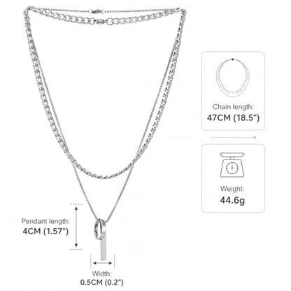 COOLSTEELANDBEYOND Men's Stainless Steel Layered Necklace Set, 3-Piece Stacked Chains, Geometric Hoop and Bar Pendant, Modern Minimalist Jewelry, Gift for Him