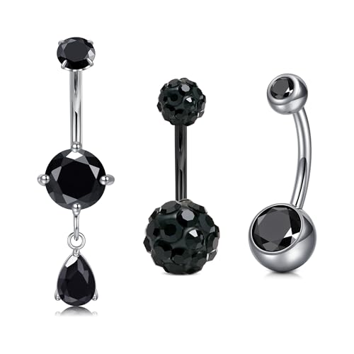 QWALIT Belly Button Rings 14G Surgical Steel Belly Rings CZ Opal Navel Piercing Jewelry for Women Girls 3/8" 10mm Silver Rose Gold - color: E4- mix 3pcs- black