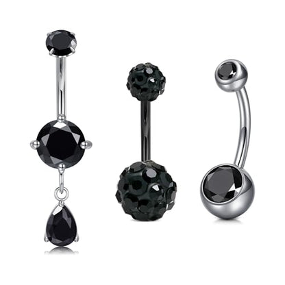 QWALIT Belly Button Rings 14G Surgical Steel Belly Rings CZ Opal Navel Piercing Jewelry for Women Girls 3/8" 10mm Silver Rose Gold - color: E4- mix 3pcs- black