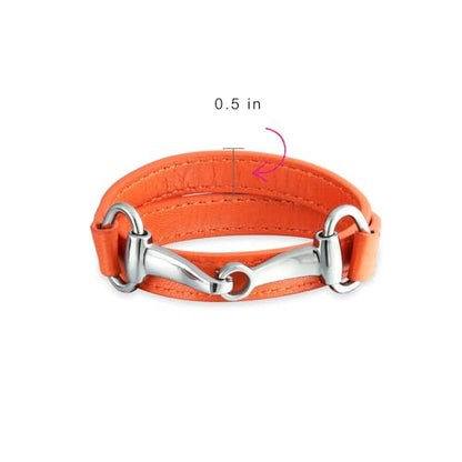 Genuine Leather Black Orange Red Equestrian Snaffle Horse Bit Wrap Bracelet - color: Silver Tone