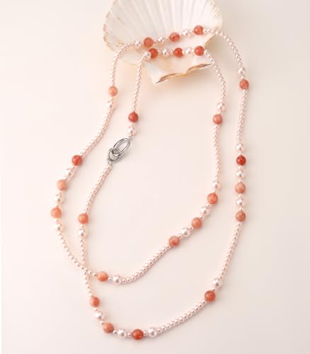 Long Beaded Necklaces for Women Pearl Stone Bead Strand - Layered Sweater Chain Elegant Mother's Day Jewelry Gifts - color: Pink