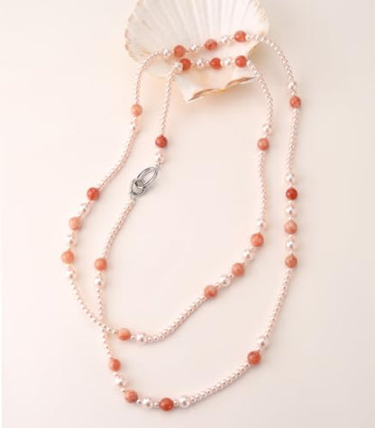 Long Beaded Necklaces for Women Pearl Stone Bead Strand - Layered Sweater Chain Elegant Mother's Day Jewelry Gifts - color: Pink
