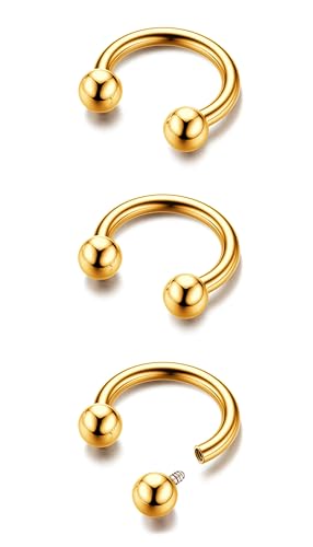 G23 Titanium 14/16/18/20G Septum Rings Horseshoe Nose Ring Jewelry | 2/3Pcs Circular Barbell Spike Lip Body Piercing Jewelry Conch Helix Tragus Earring Silver/Black 8/10/12mm 14K Gold Plated - color: Gold-3pcs, size: Balls-3pcs-18g-8mm