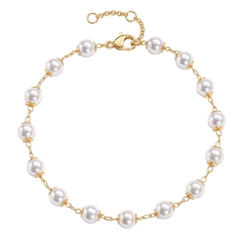 MEVECCO Dainty Chain Bracelets for Women, Layered and Charm Styles | 14K Gold Plated Brass, Select Cubic Zirconia Accents, Single and Multi-Row Structures for Refined Everyday Wristwear - style: Pearl Station