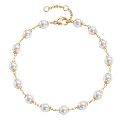 MEVECCO Dainty Chain Bracelets for Women, Layered and Charm Styles | 14K Gold Plated Brass, Select Cubic Zirconia Accents, Single and Multi-Row Structures for Refined Everyday Wristwear - style: Pearl Station
