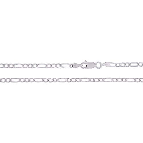 14K Gold or Rhodium Plated Silver Figaro Diamond Cut Pave Chain For Men | 1mm-13mm Thick | Solid 925 Figaro Italian Necklaces For Men - style: 2.60MM- White