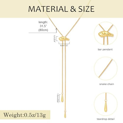 YUJIE Long Gold Y Necklace for Women - Adjustable Lariat Pendant Snake Chain, 14K Gold Plated Dainty Teardrop Necklace for Trendy & Formal Wear - color: bar