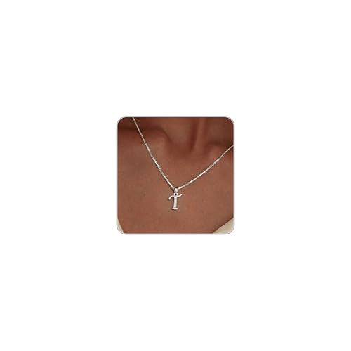 Initial Necklace for Women, 14K Gold Silver Plated Box Chain Letter Pendant, Trendy Name Necklace, Dainty Personalized Charm Jewelry Gift for Her - color: Silver, style: T