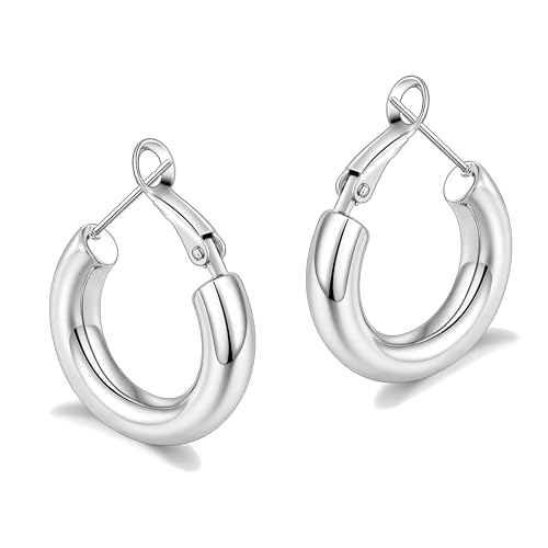 sovesi Chunky Hoop Earrings for Women, 14K Gold Plated Thick Hoops | 5mm Thick Hollow Tube Chunky Lightweight Hypoallergenic Hoop Earrings for Women - style: Silver 22MM