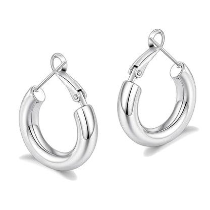 sovesi Chunky Hoop Earrings for Women, 14K Gold Plated Thick Hoops | 5mm Thick Hollow Tube Chunky Lightweight Hypoallergenic Hoop Earrings for Women - style: Silver 22MM