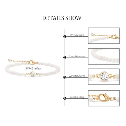 Raicegs Anklets for Women Handmade Beach Boho Ankle Bracelet 3mm Natural Stone Beaded Ankle Bracelet 14K Gold Plated Zircon Pendant Adjustable Crystal Gemstone Anklet Jewelry Gift for Her - color: Moonstone
