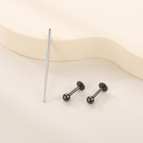 Xpircn ASTM F136 Titanium Flat Back Stud Earrings Internally Threaded Labret Monroe Lip Nose Studs Tragus Helix Conch Cartilage Piercing Jewelry for Women - color: 18G 6MM Bar,3MM Ball,Black