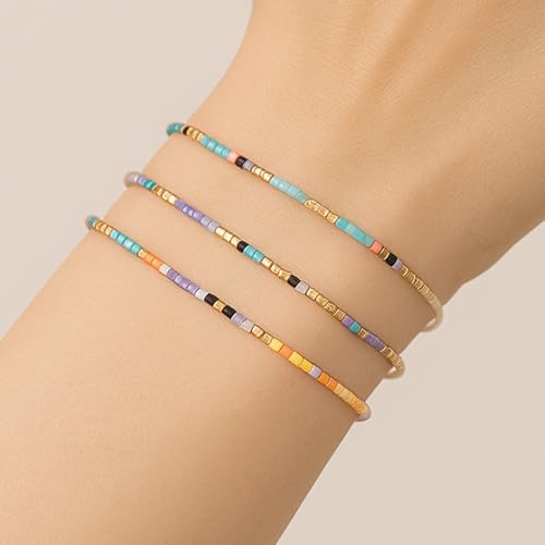 Seed Beaded String Rope Adjustable Bracelets Set for Women Men, Small Colorful Boho Rice 3Pcs Stack Handmade Thin Jewelry, Daily Beach Vacation Friendship Gift - color: Purple Yellow E