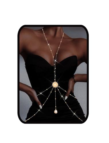 Gold Body Chain for Women Layered Rhinestone Waist Chains Summer Beaded Bra Body Jewelry Gifts - color: White