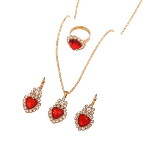 Teardrop/Heart Crystal Jewelry Set for Women, Gold Tone Rhinestone Necklace Earrings Ring Set, Wedding Bridal Prom Party Jewelry Gift - color: Red (Heart)