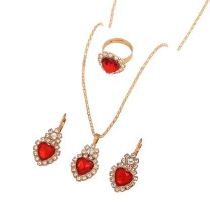 Teardrop/Heart Crystal Jewelry Set for Women, Gold Tone Rhinestone Necklace Earrings Ring Set, Wedding Bridal Prom Party Jewelry Gift - color: Red (Heart)