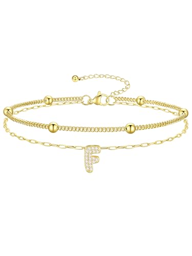 Richsteel Initial Ankle Bracelets for Women Waterproof, 14K Gold Plated/Silver Stainless Steel Anklets, Dainty Adjustable Layered Anklets with Bubble Letter, Non Tarnish Summer Beach Jewelry with Gift Box - color: F-Gold-Plated