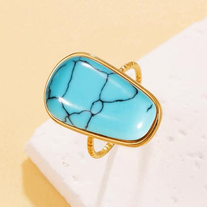 OIDIMS Gemstone Statement Ring for Women Gold-Tone Stainless Steel Natural Stone Rose Quartz Aventurine Turquoise Adjustable Open Band Stacking Finger Rings Boho Cocktail Wedding Party Jewelry - color: Turquoise
