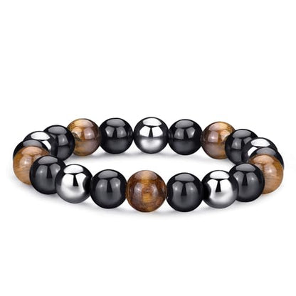 Mens Bead Bracelet Set - Adjustable Elastic Rope With 6&8MM Natural Stone Multi-Colored Beads - Tiger Eye Bracelets for Men - Gift - style: 3,tiger eye,black bracelets set