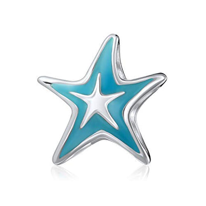Bling Jewelry .925 Sterling Silver Travel Beach Tropical Happy Sand Blue Enamel Starfish & Nautical Fish Bowl Gold Murano Glass Spacer Bead Charm for Bracelet (Set of 3)