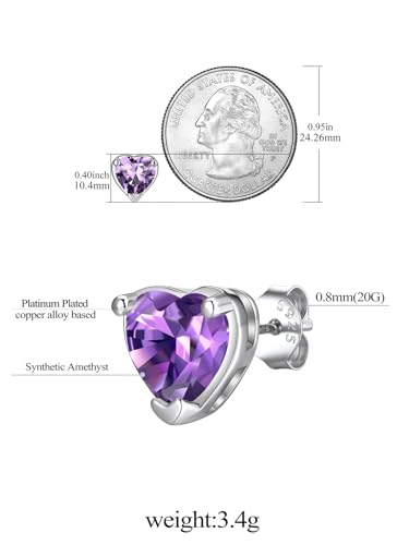 FindChic 2 Carat Birthstone Stud Earrings for Women, Round/Heart/Princess Cut Stud Earrings, Hypoallergenic Studs with 925 Sterling Silver Posts, 12 Months Birthday Jewelry Gift - color: 02. February-Amethyst(Heart Cut)