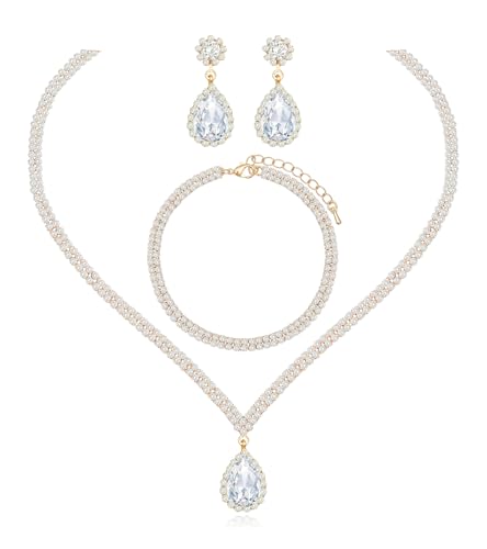 Elegant Silver Crystal Wedding Necklace Earrings Bracelet Jewelry Set for Women Brides Bridesmaids Prom Party Costume Accessory Bridal Jewelry - color: gold tone-white