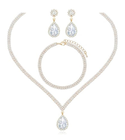 Elegant Silver Crystal Wedding Necklace Earrings Bracelet Jewelry Set for Women Brides Bridesmaids Prom Party Costume Accessory Bridal Jewelry - color: gold tone-white