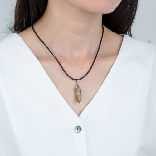 Adabele 1pc Natural Gemstone Bullet Pendant Necklace 18 Inch Crystal Stone Quartz Reiki Chakra Energy Rock PU Leather Cord Necklace Waterproof Women Jewelry - color: Unakite Jasper