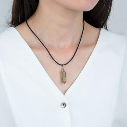 Adabele 1pc Natural Gemstone Bullet Pendant Necklace 18 Inch Crystal Stone Quartz Reiki Chakra Energy Rock PU Leather Cord Necklace Waterproof Women Jewelry - color: Unakite Jasper