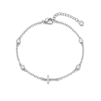 Bracelets for Women, Dainty Gold Silver Ring Bracelet Hand Chain | Cubic Zirconia Pearl Charms, 14K Gold Plated, Adjustable Fit, Trendy Stackable Link Chain, Waterproof Jewelry, Gift for Her - color: Silver-cross cz bracelet