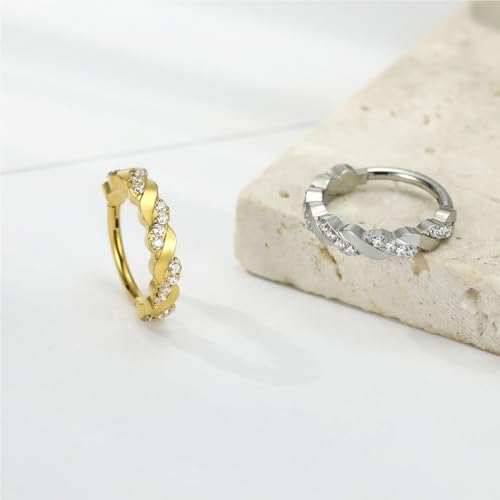 FUNLMO 316L Surgical Steel Nose Ring Septum Ring Cube Zircon Cartilage Earring Conch Tragus Helix Rook Daith Piercing Jewelry - style: 16G 8mm, Gold,crossover CZ
