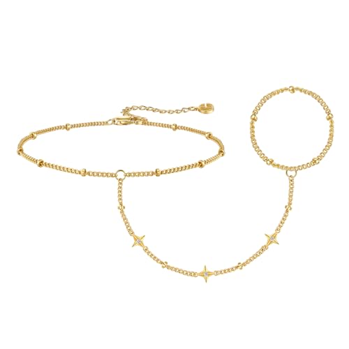 Cicy Bell Hand Chain Bracelets for Women 18K Gold Plated | Layered Stackable Dainty Ring Bracelets, Adjustable Satellite Bead Dot Link Finger Bracelets - color: Style L-Gold