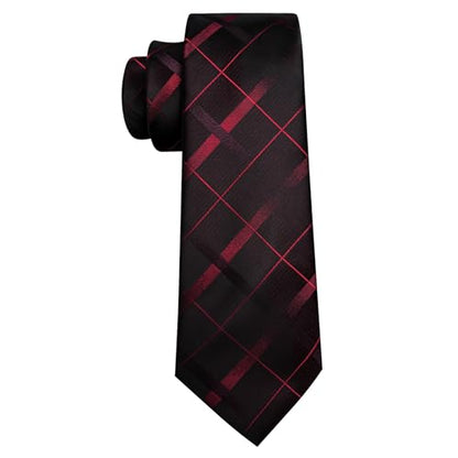 YOHOWA Men Plaid/Striped Ties Clip Set Silk Necktie Pocket Square Cufflinks | Woven Classic,Formal/Casual Mens Tie,Pocket Square Cufflinks Set,Luxury,Business,Wedding,Party,Prom,Graduation - color: Black Red