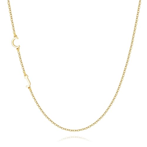 M MOOHAM Sideways Two Initial Necklaces for Women Girls Birthday Gifts | Dainty 14K Gold-Plated, Custom Initial Necklace, Letter Necklace Jewelry, Birthday Gifts for Women Wife Mom Sister Friends - color: initial C & initial J