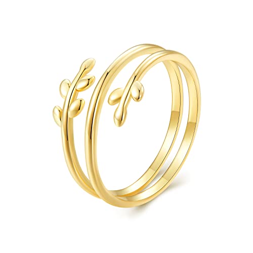 MUNDELL 925 Sterling Silver Simple Multi-layer Leaf Adjustable Ring Green Lucky Leaves Statement Ring for Women Promise Ring Fine Jewelry - color: Golden Multi-layer Leaf