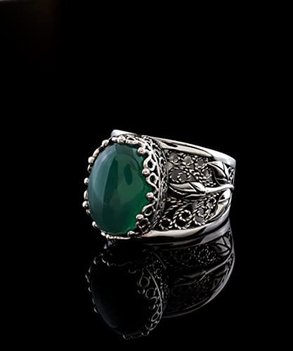 Filigranist 925 Sterling Silver Filigree Art Lace Embroidery Tulip Detailed Gemstone Women Cocktail Ring, Luxurious Gift Boxed - color: Green Agate