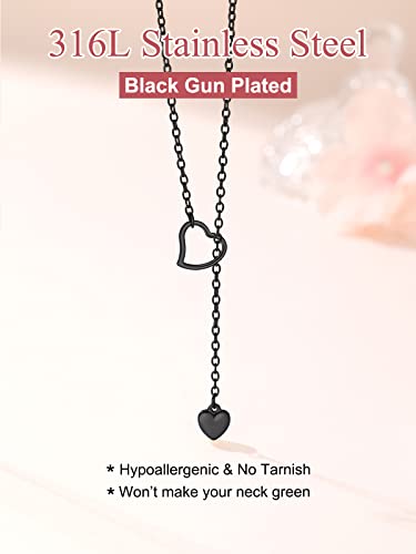 FOCALOOK Heart Lariat Necklaces for Women, Long Slip Chain Necklace | Hypoallergenic 316L Stainless Steel Silver/Black/Gold Plated, Front Slider Closure, Non Tarnish, Layered look, Everyday Wear - color: 04:Black Heart-Custom